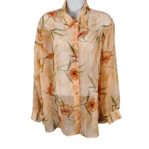 VTG Maggie Sweet Heavenly Floral Sheer Peach Button Up Blouse USA L P romantic